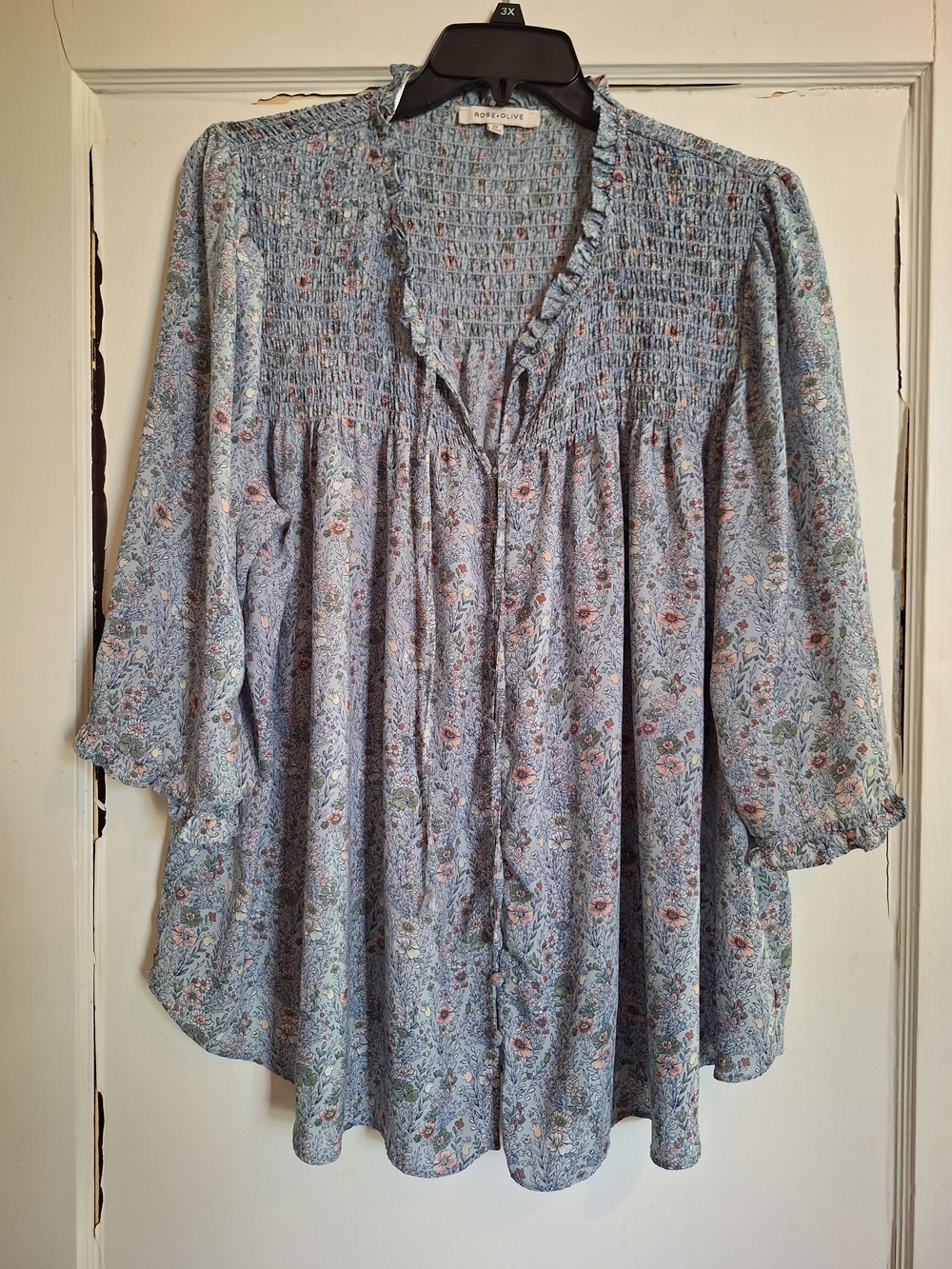 Rose & Olive Light Blue Floral Smocked Peasant Blouse
